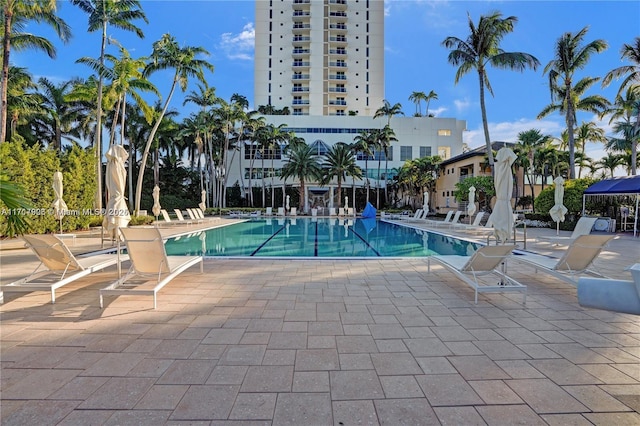 view of swimming pool with a patio