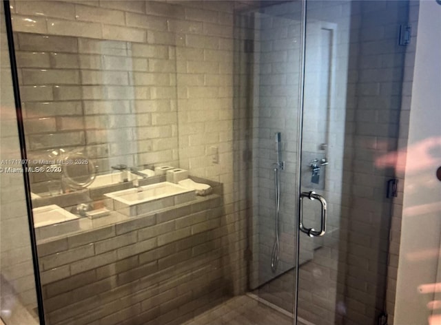 bathroom with sink and a shower with shower door