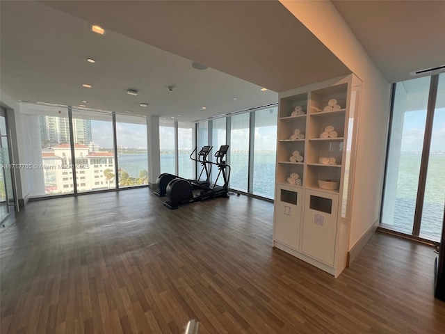 exercise room with a water view, a wall of windows, and dark wood-type flooring