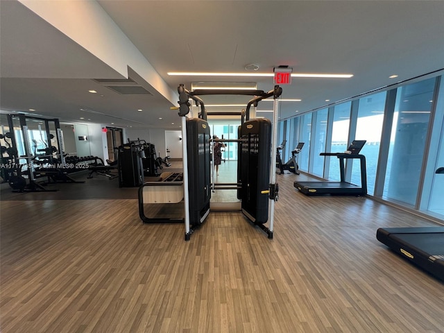 gym featuring floor to ceiling windows and hardwood / wood-style flooring