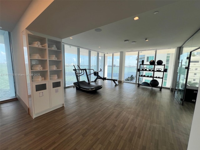 gym with dark hardwood / wood-style flooring, a water view, floor to ceiling windows, and a healthy amount of sunlight