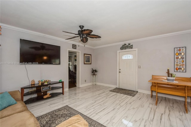 living room featuring ceiling fan and crown molding