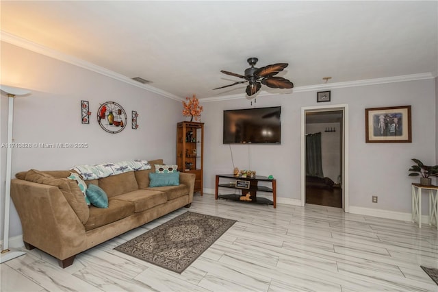 living room with ceiling fan and crown molding