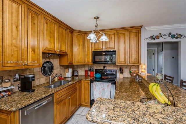 kitchen featuring sink, an inviting chandelier, dark stone countertops, decorative backsplash, and black appliances