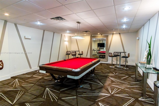 game room featuring a drop ceiling and billiards