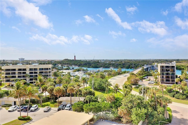 drone / aerial view featuring a water view