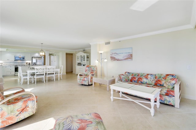 living room with light tile patterned floors and ornamental molding