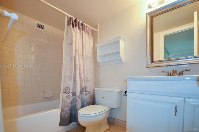 bathroom featuring visible vents, shower / bathtub combination with curtain, toilet, vanity, and tile patterned flooring