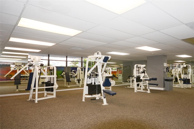 workout area featuring a drop ceiling