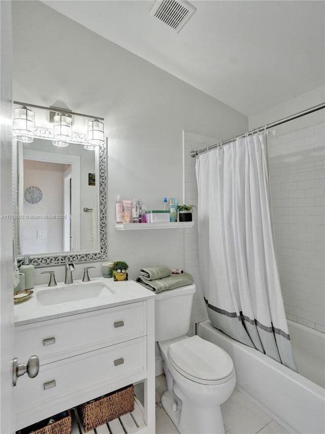 bathroom with shower / bath combination with curtain, visible vents, vanity, and toilet