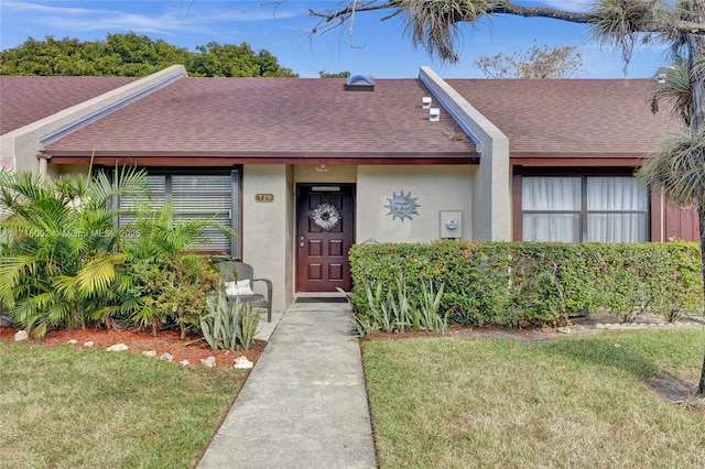 view of front facade featuring roof with shingles, a front yard, and stucco siding