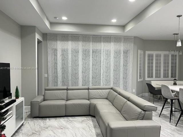 living room featuring a raised ceiling