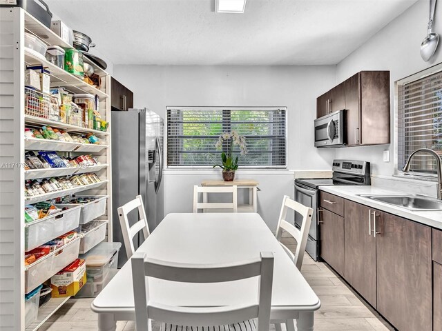 kitchen featuring dark brown cabinets, stainless steel appliances, light hardwood / wood-style floors, and sink