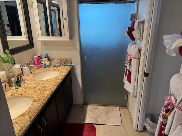 bathroom featuring vanity and a shower with shower door