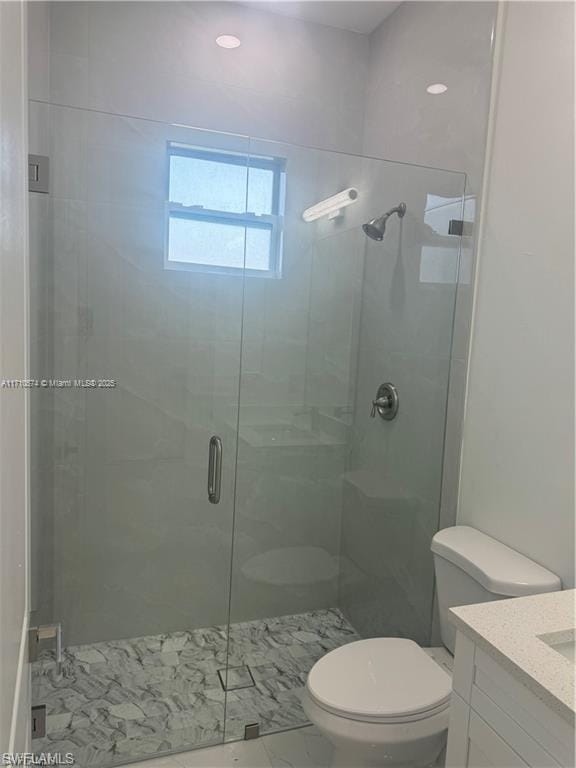 bathroom featuring vanity, an enclosed shower, and toilet