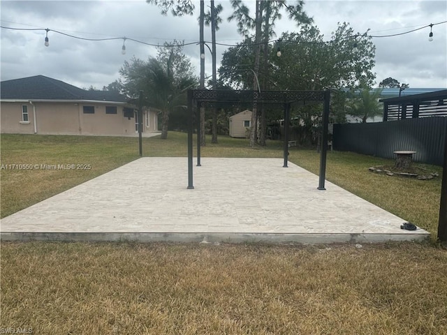 surrounding community with a lawn and a pergola