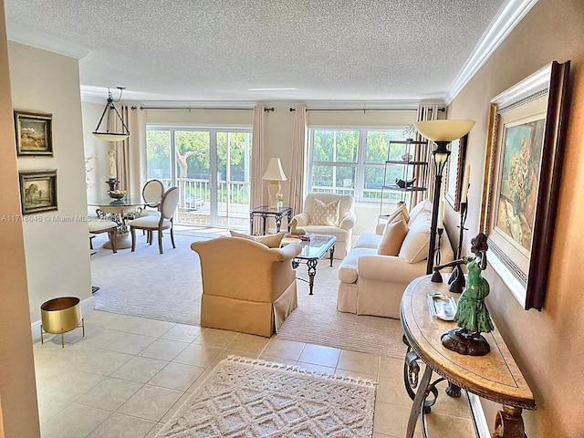 living room with light tile patterned floors, a textured ceiling, and ornamental molding