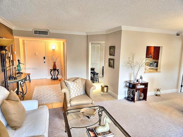 living room featuring a textured ceiling, crown molding, and light carpet