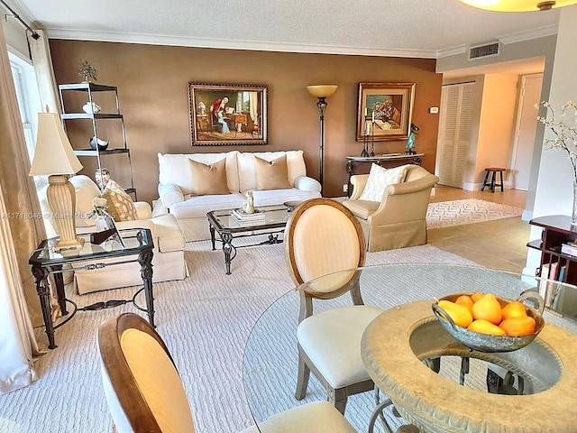 living room featuring ornamental molding and a textured ceiling