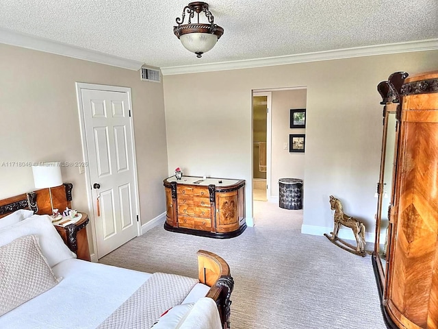 carpeted bedroom with a textured ceiling and ornamental molding