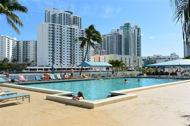 view of pool featuring a patio