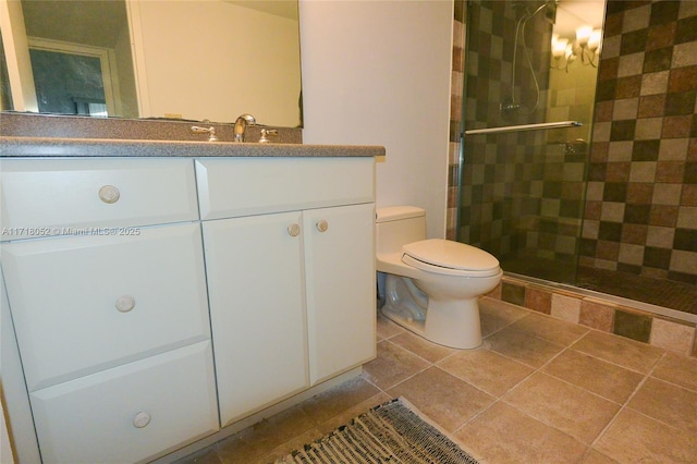 bathroom with walk in shower, tile patterned floors, vanity, and toilet