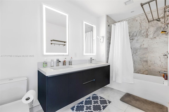 full bathroom with double vanity, shower / bath combo, visible vents, and a sink