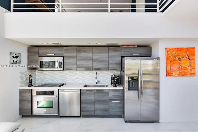 kitchen featuring backsplash, gray cabinets, sink, and stainless steel appliances