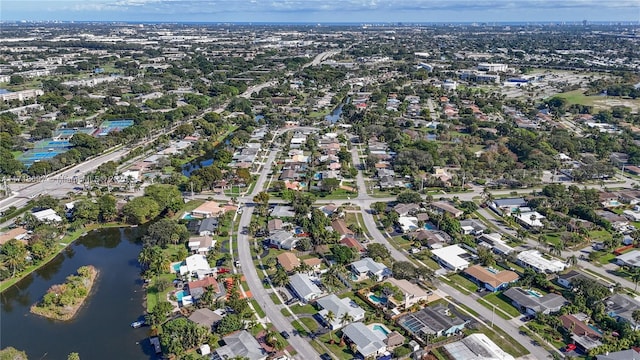 drone / aerial view featuring a water view