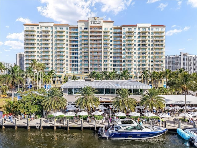 view of building exterior featuring a water view