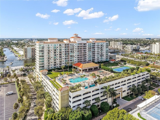 aerial view featuring a water view and a city view