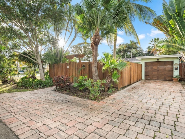 view of patio with a garage