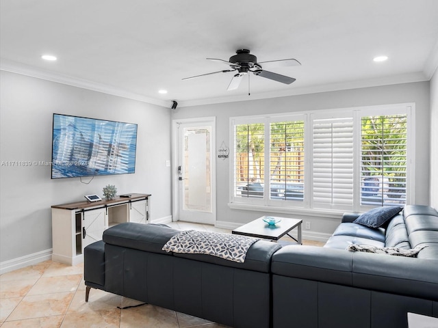 living room with light tile patterned floors, ceiling fan, and ornamental molding