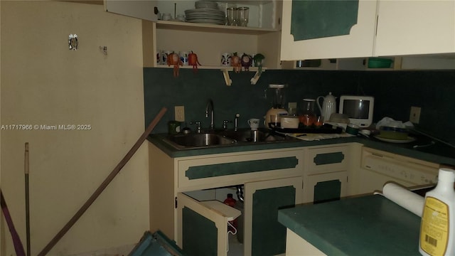 kitchen featuring dishwasher, tasteful backsplash, white cabinetry, and sink