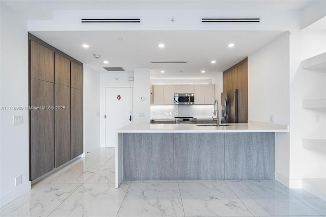 kitchen with kitchen peninsula, sink, and appliances with stainless steel finishes