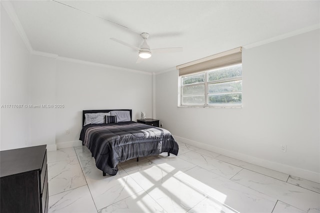 bedroom featuring ceiling fan and crown molding