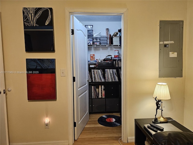 hall featuring electric panel and wood-type flooring