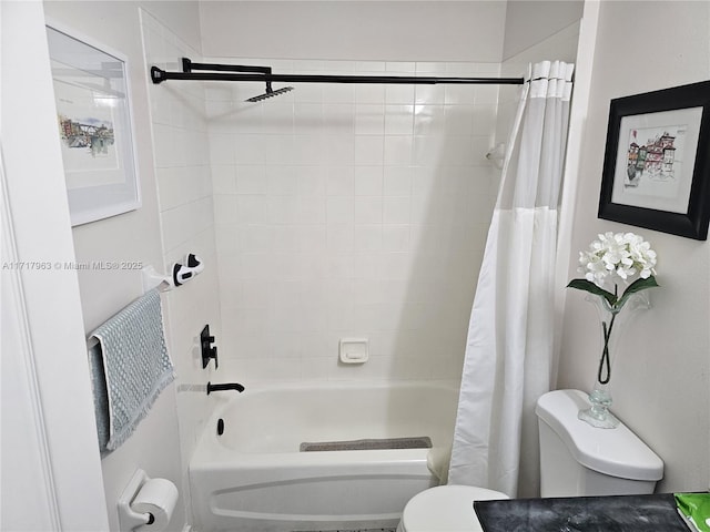 bathroom with toilet and shower / tub combo with curtain