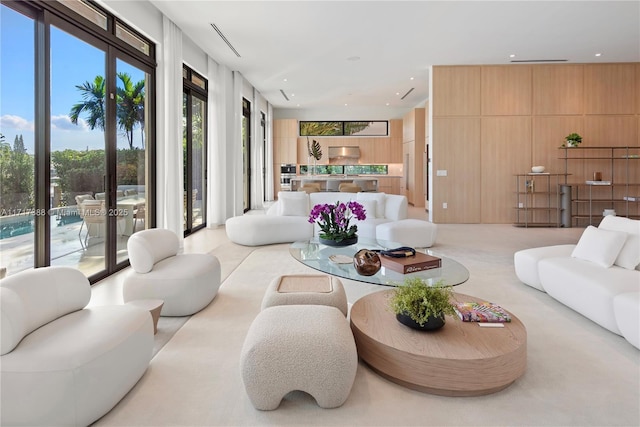 living room with wood walls