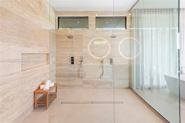 bathroom featuring a shower and tile patterned floors