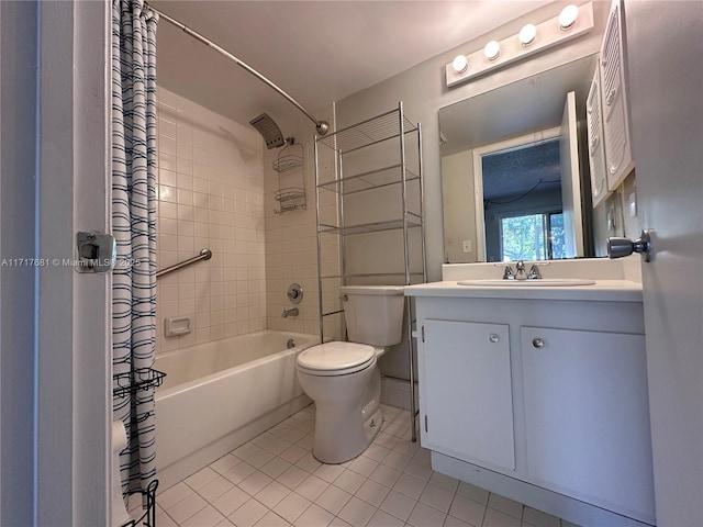 bathroom with tile patterned flooring, shower / tub combo with curtain, toilet, and vanity