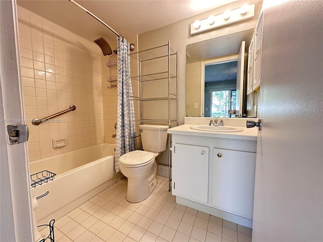 full bath featuring toilet, tile patterned floors, shower / bathtub combination with curtain, and vanity
