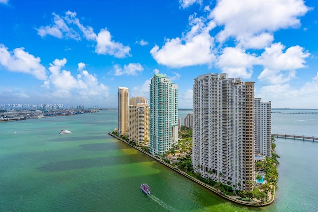 drone / aerial view featuring a water view