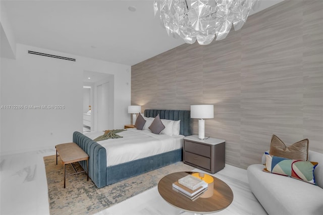 bedroom featuring tile walls