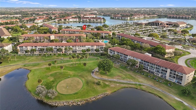 drone / aerial view featuring a water view