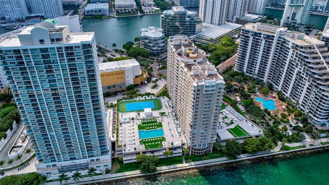 drone / aerial view featuring a water view