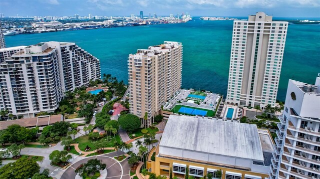 drone / aerial view featuring a water view