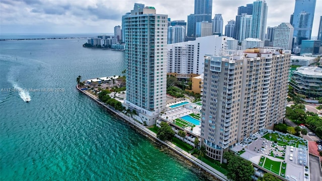 drone / aerial view featuring a water view