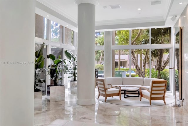 interior space featuring decorative columns