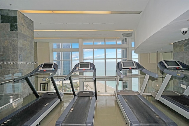 workout area featuring floor to ceiling windows